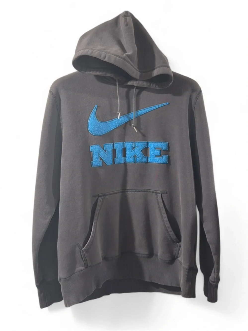 Y2K Nike Blue Swoosh & Logo Appliqué Grey Hoodie Sweatshirt Size Men’s Large